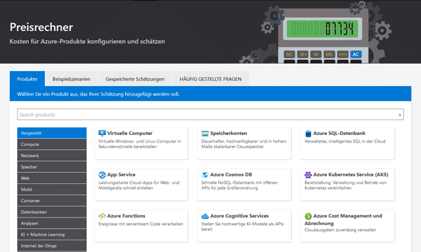 Einstieg in Microsoft Azure - Screenshot Preisrechner